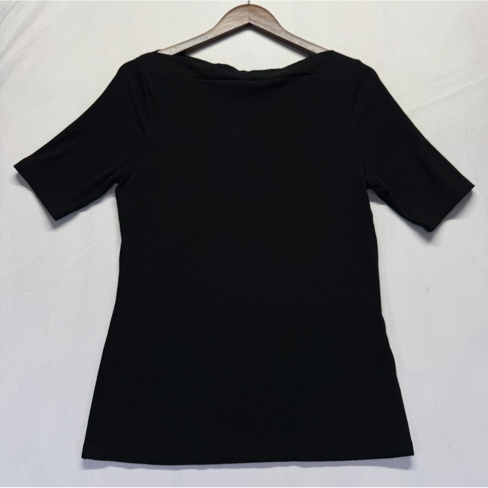 Banana Republic Ribbed T-Shirt Top Womens Medium Black Rayon Stretch Boat Neck
